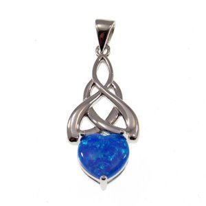 Solid 925 Sterling Silver and Blue Opal Celtic Infinity Knot Heart Pendant